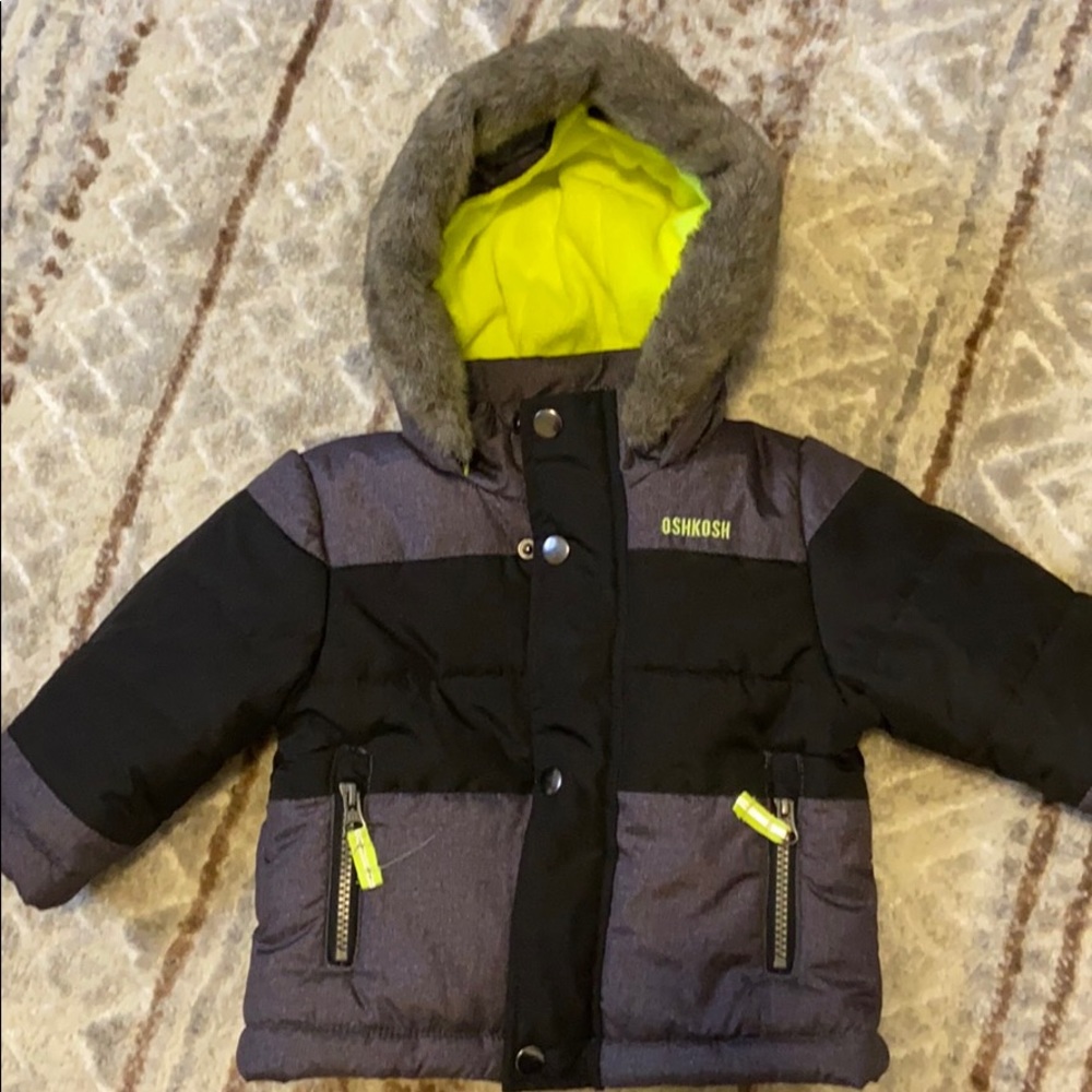 Toddler boy puffer jacket faux fur hood trim